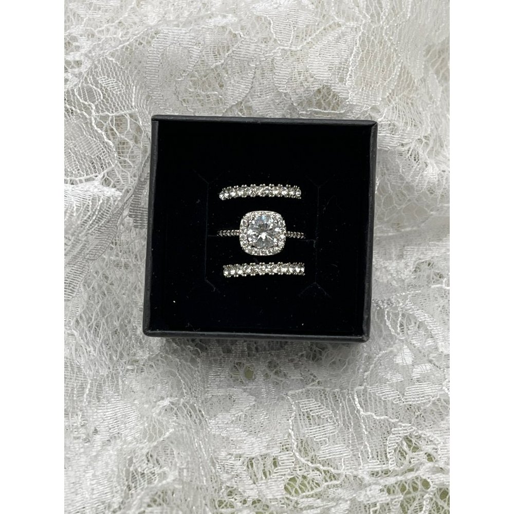 Square Halo Round Cut Faux Diamond Ring & Stacked Ring Set Silver 925- 3 Rings - Picture 11 of 11